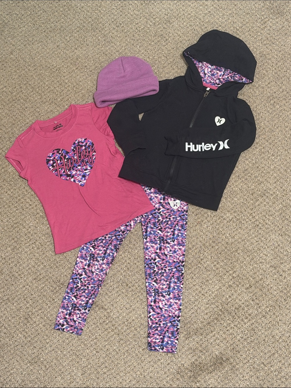 Hurley Girls Pink Tee, Black Zip Hoodie & Pink/Purple Print Leggings Set